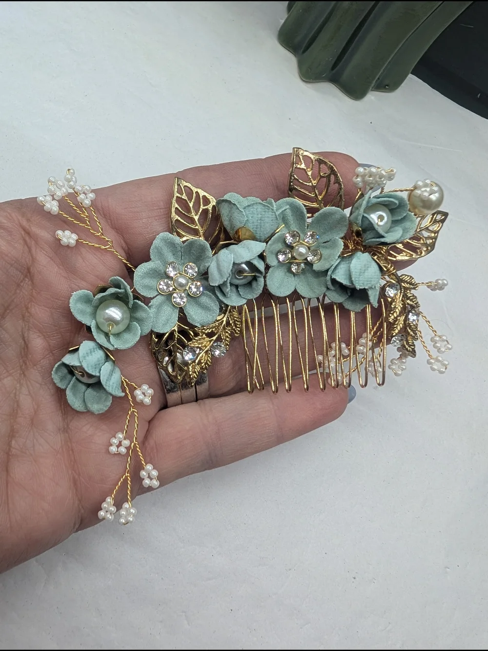 Gold Bridal Hair Comb with Sage Floral Accents